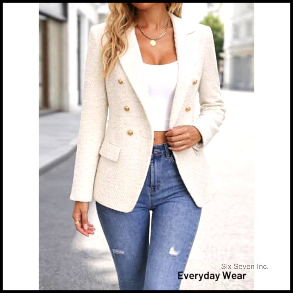 Women's Tweed Plaid Blazer Slim Fit Fully Lined Business Casual Jacket - Picture 2 of 7